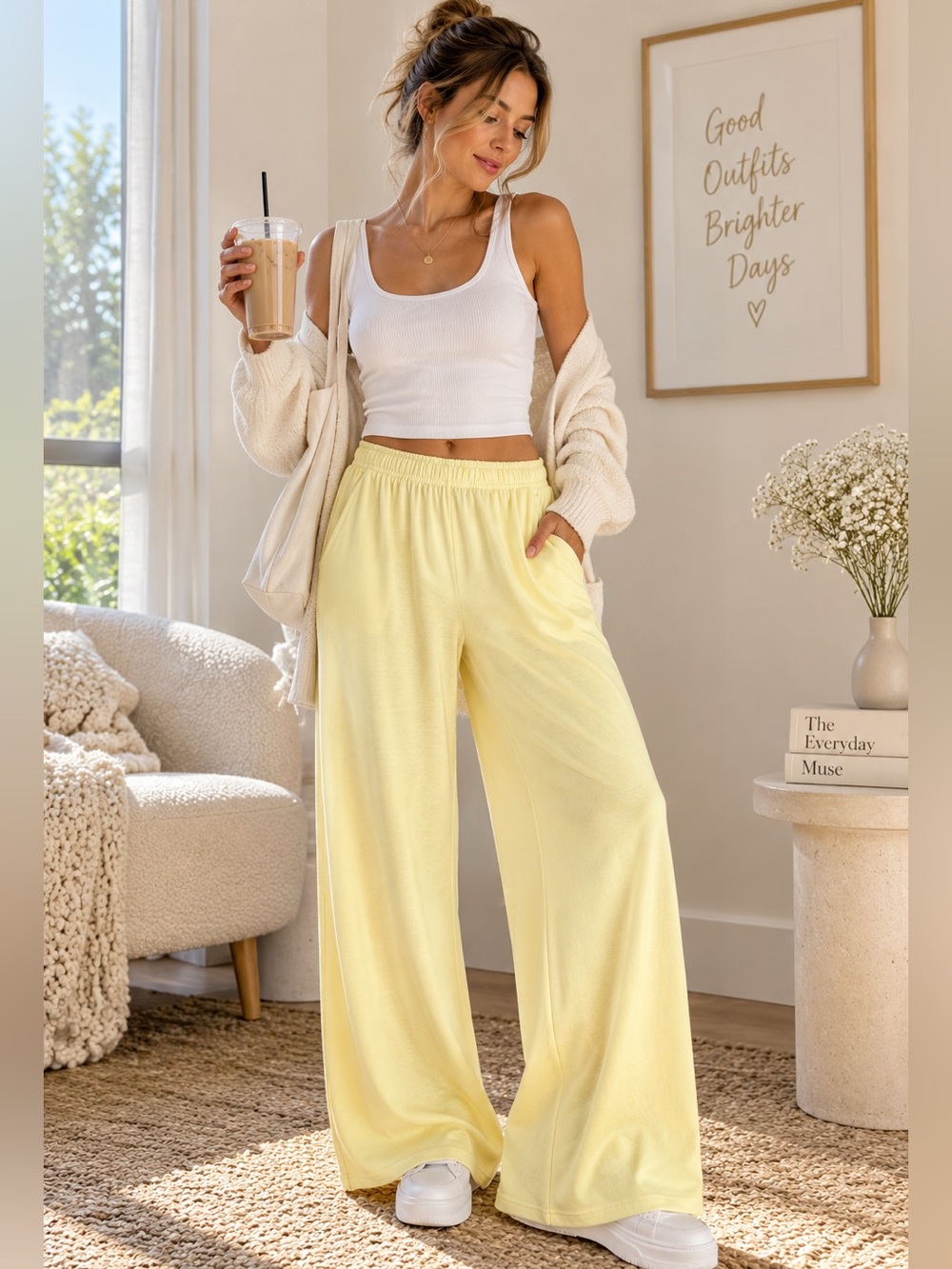 Yogalicious Modal Terry Wide Leg Pants Butter Yellow Soft Stretch Pockets NWT XS